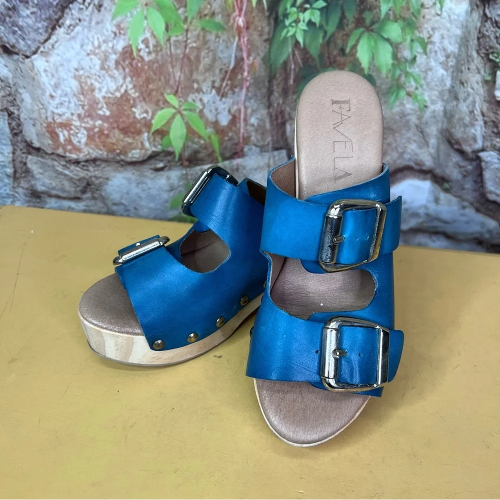 FAVELA Turquoise Leather Double Buckle Sandals, 37 - Picture 3 of 14